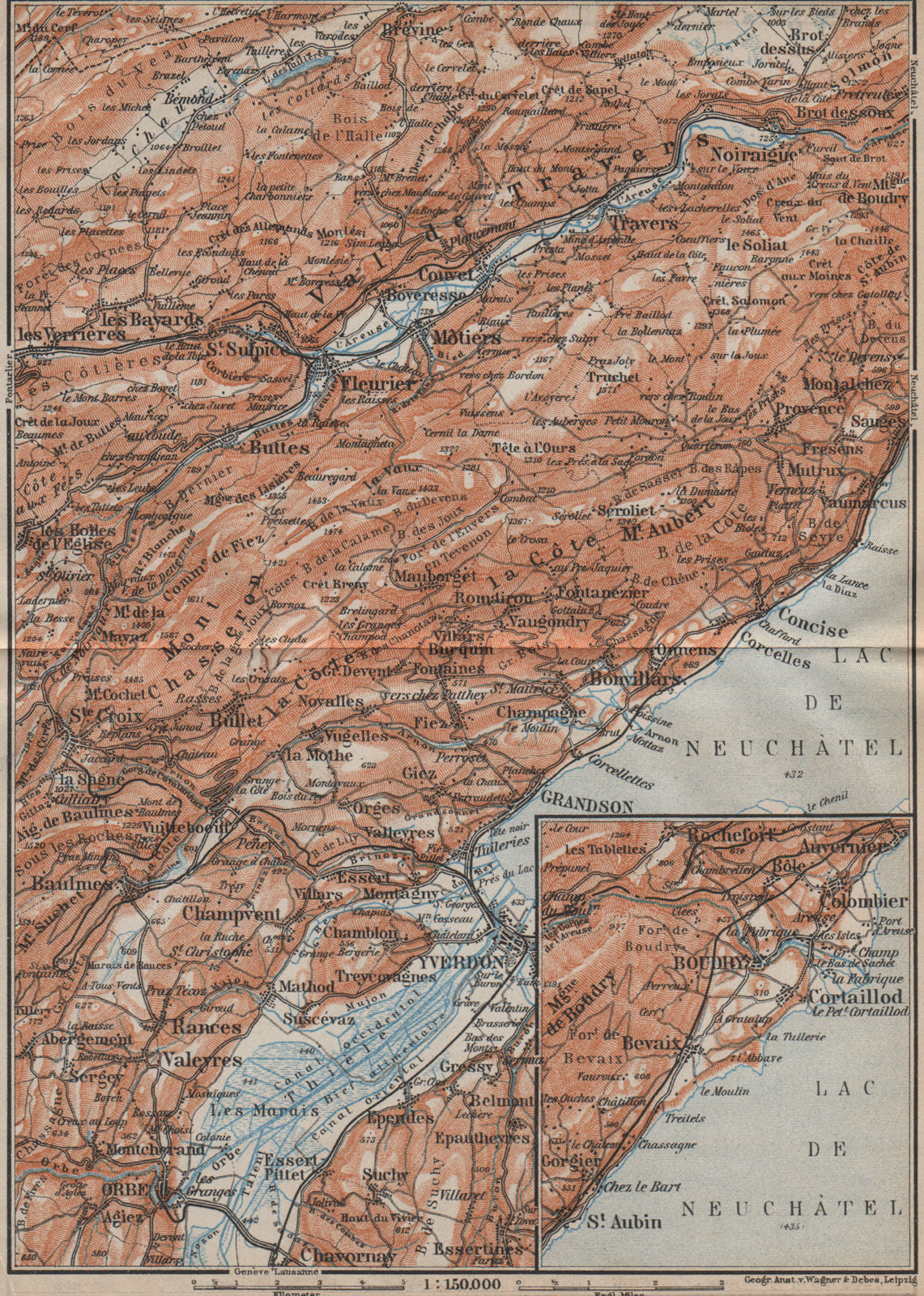 JURA. Val-de-Travers Orbe Noiraigue Yverdon Grandson Môtiers Buttes 1913 map